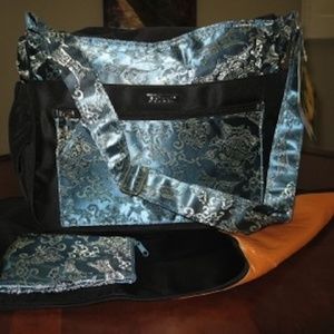 Asian Brocade Voyager Steel Blue Black Diaper bag 3pc Set Messenger Baby Shower